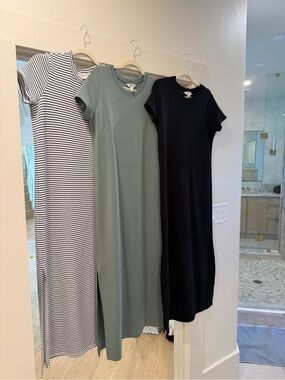 SPANX air Essentials Women's Midi T-Shirt Dress Trio - blue Stripe, Sage, Black